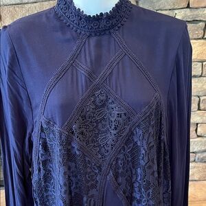 NWT Xhilaration Dark Navy Blue Long Sleeve Lace Embellished Lined Dress, Sz Lg